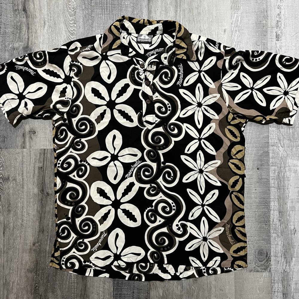 Manuhealii Hawaiian Shirt Mens M Black/White Polynesian Floral Rayon Pull Over